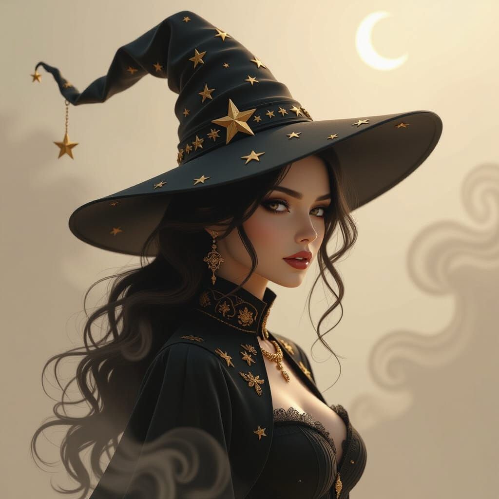 Mystical Witch in Sepia Tones with Cosmic Hat