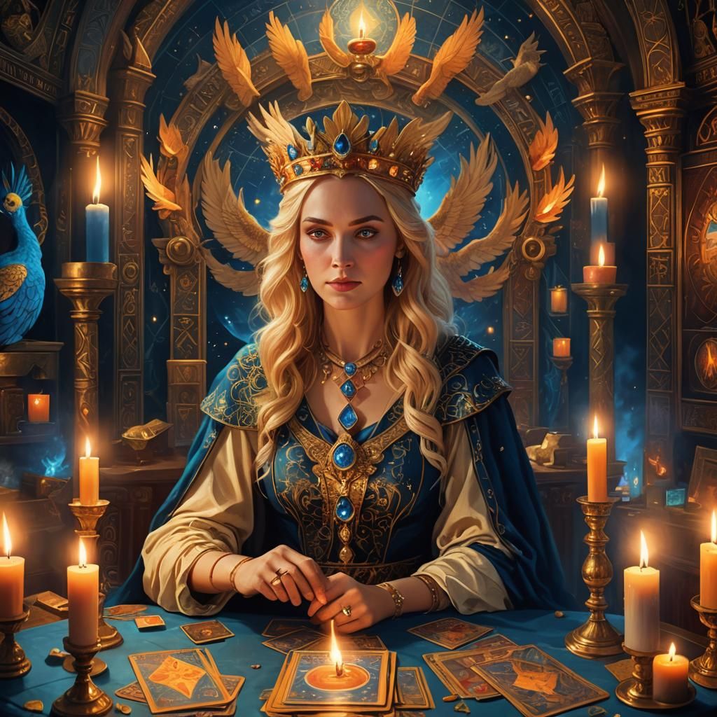 Phoenix Crowned Tarot Reader in Ornate Chamber