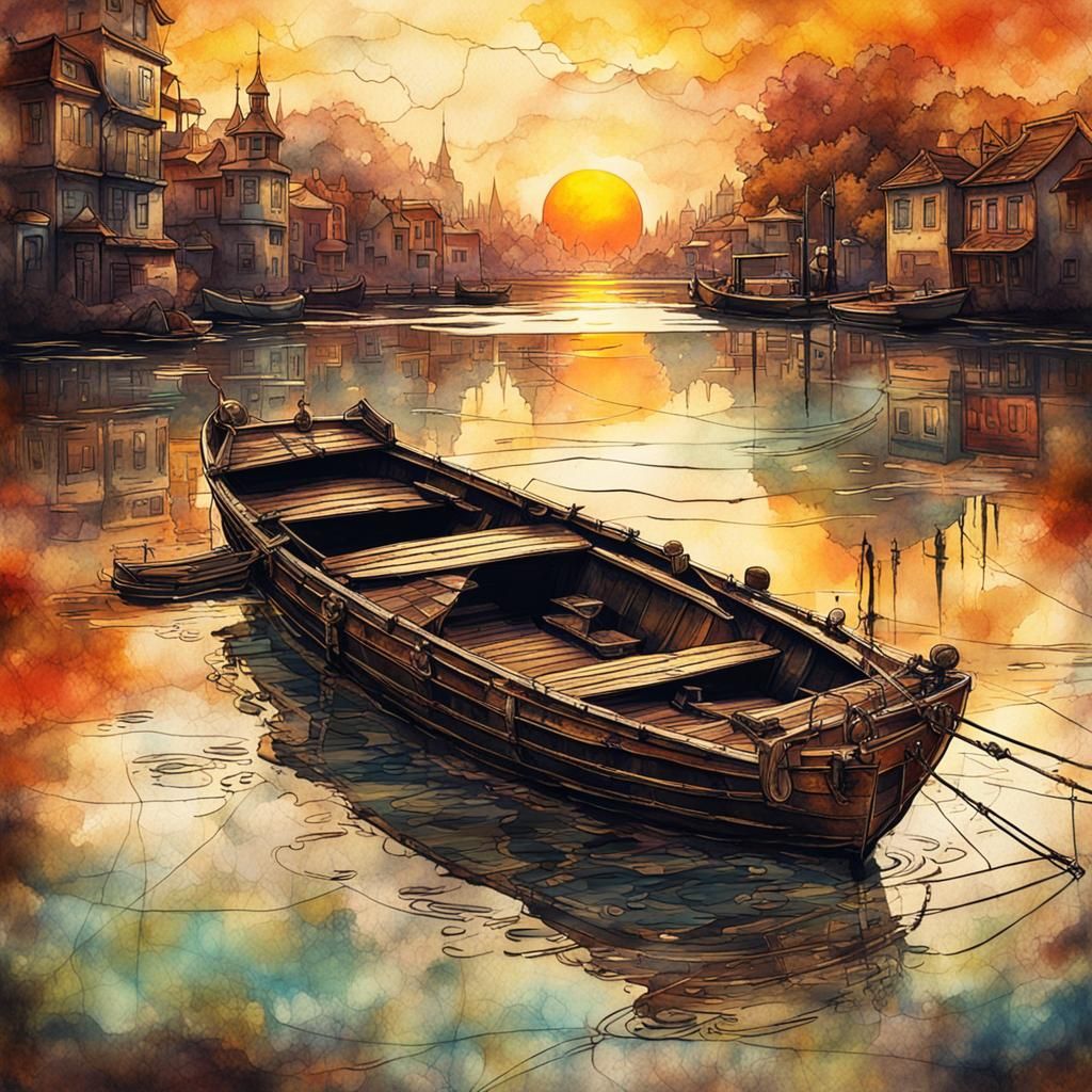 Steampunk Boat Sunset: Modern Ink Painting