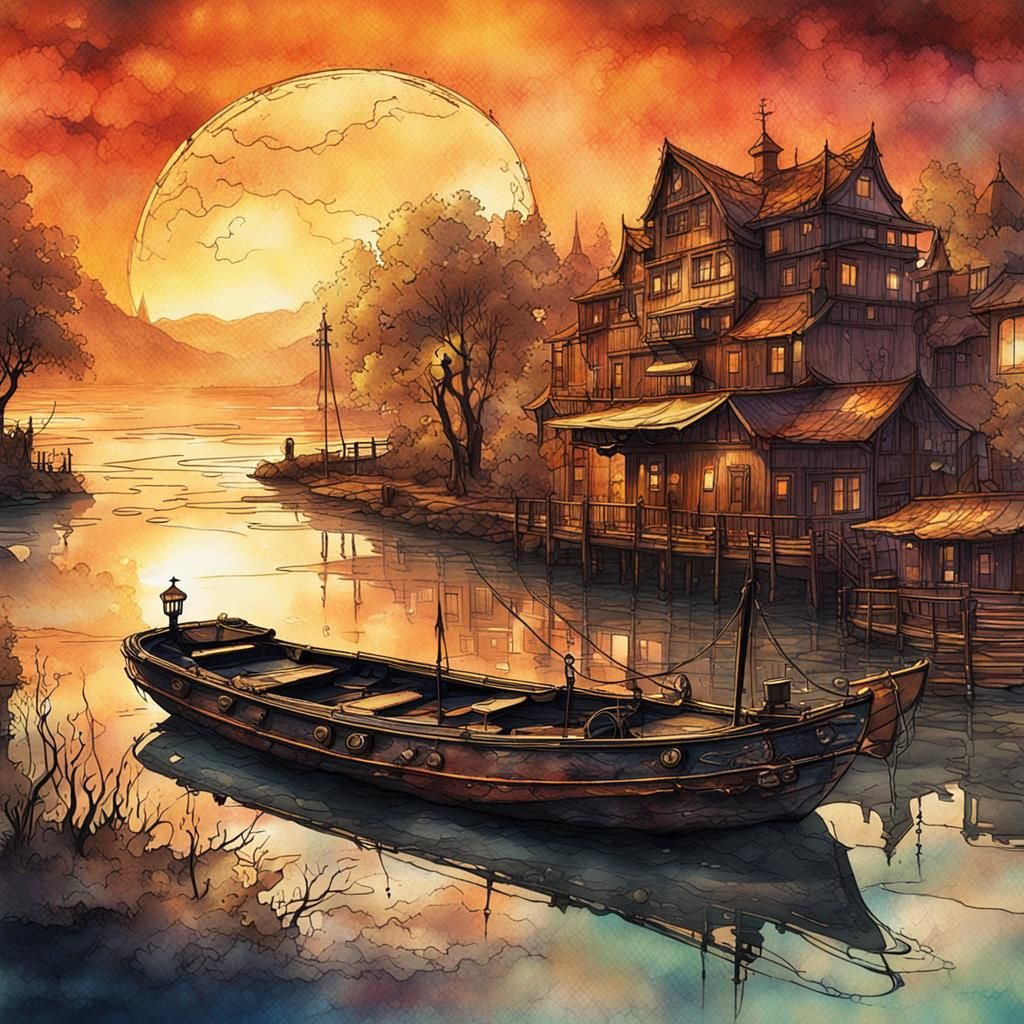 Sunset Boat Ride in Steampunk Ink Painting