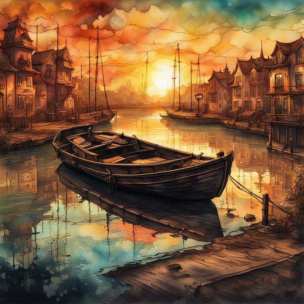 Steampunk Sunset Ink Painting on Crumpled Paper