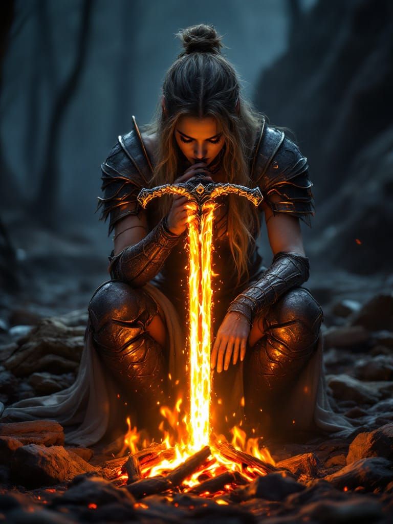 Maiden Warrior Praying with Fiery Sword