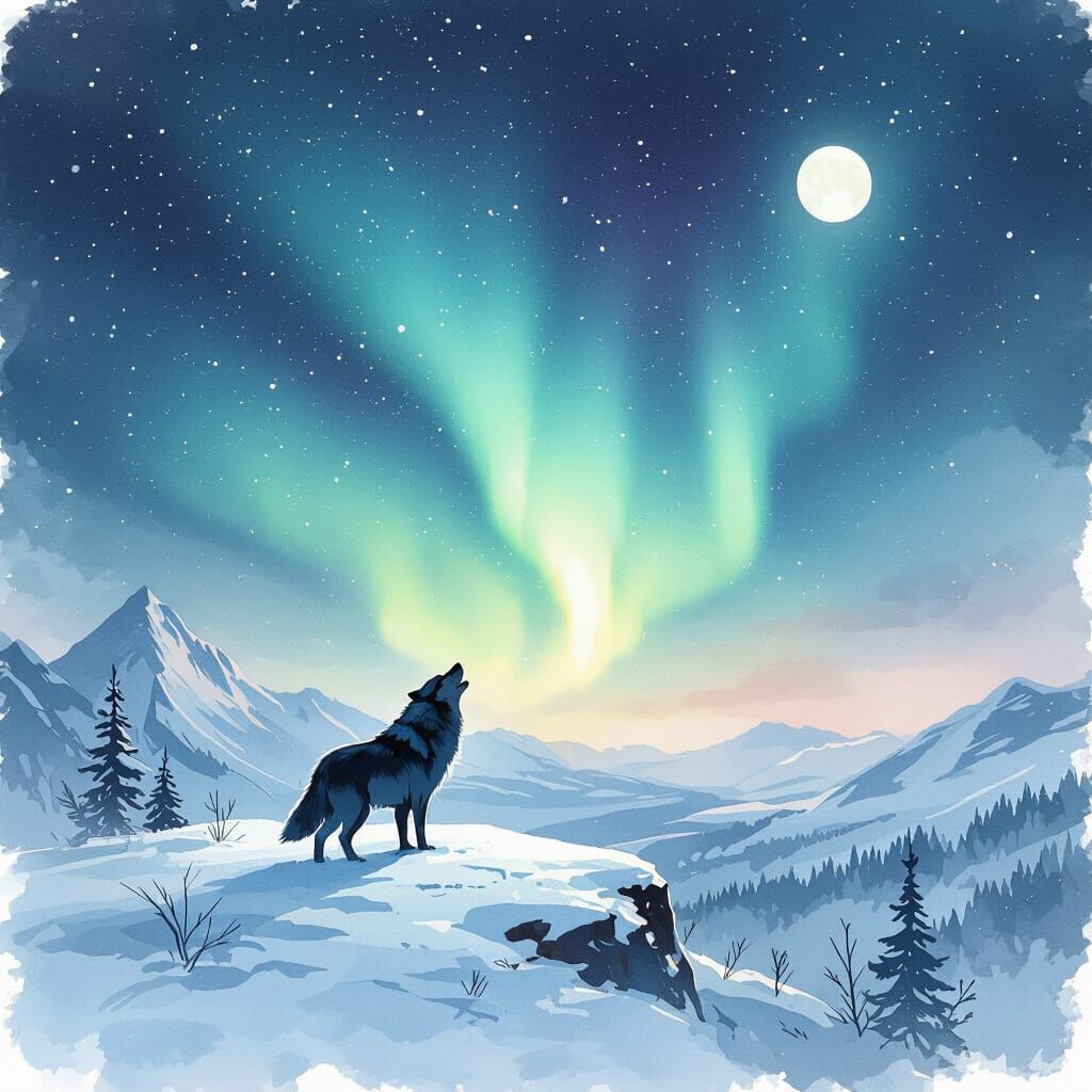 Lone Wolf Howling at Aurora Borealis in Watercolor