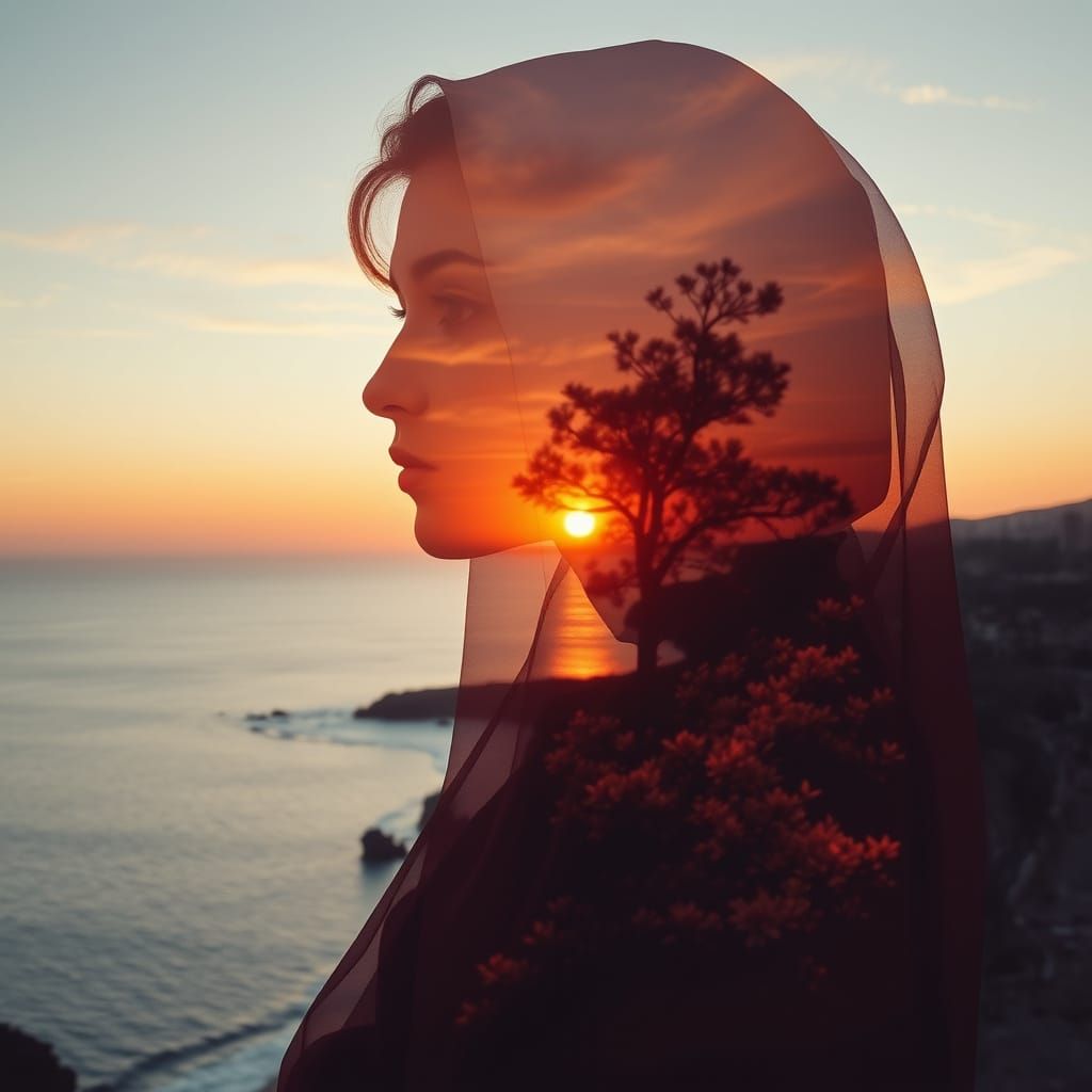 Alluring Middle-Eastern Woman Silhouetted Against Sunset Coa...