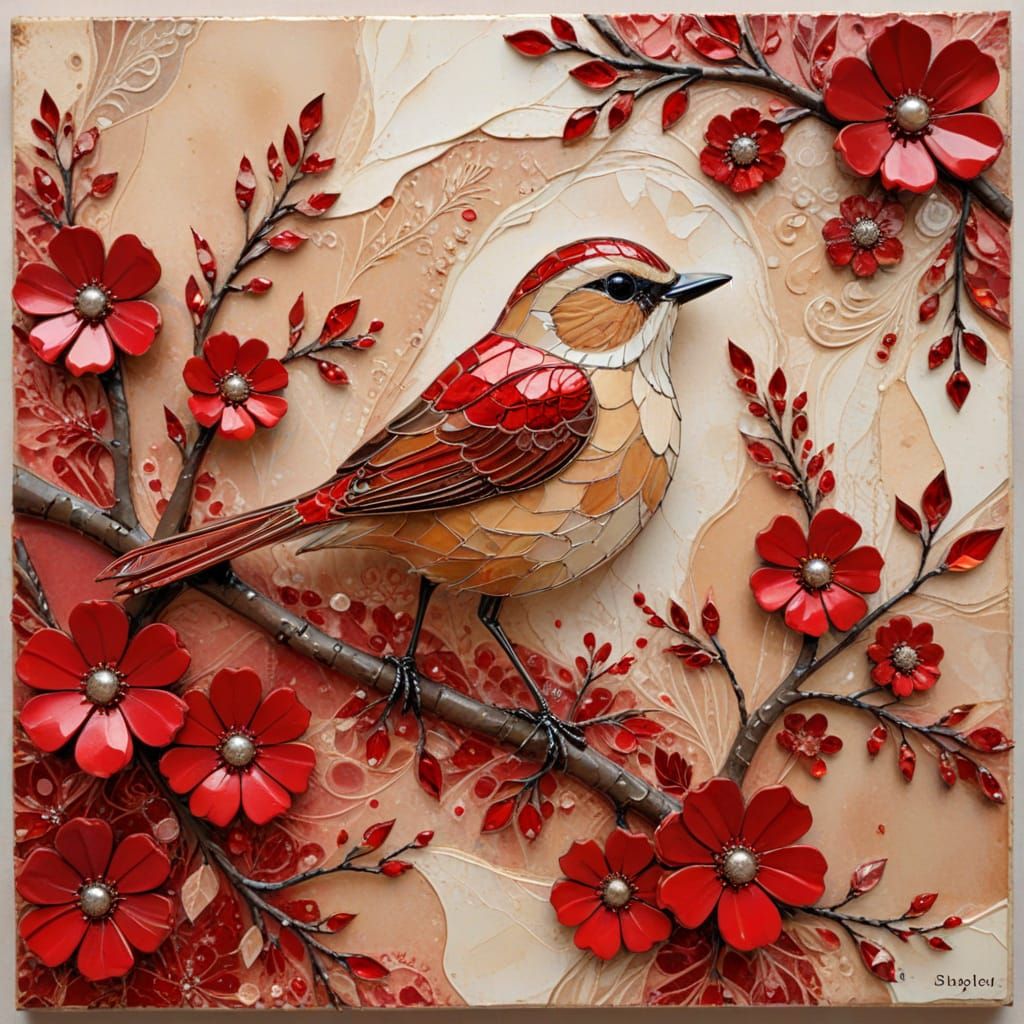 Tan Bird on Red Flowers: Surreal Mixed Media Collage