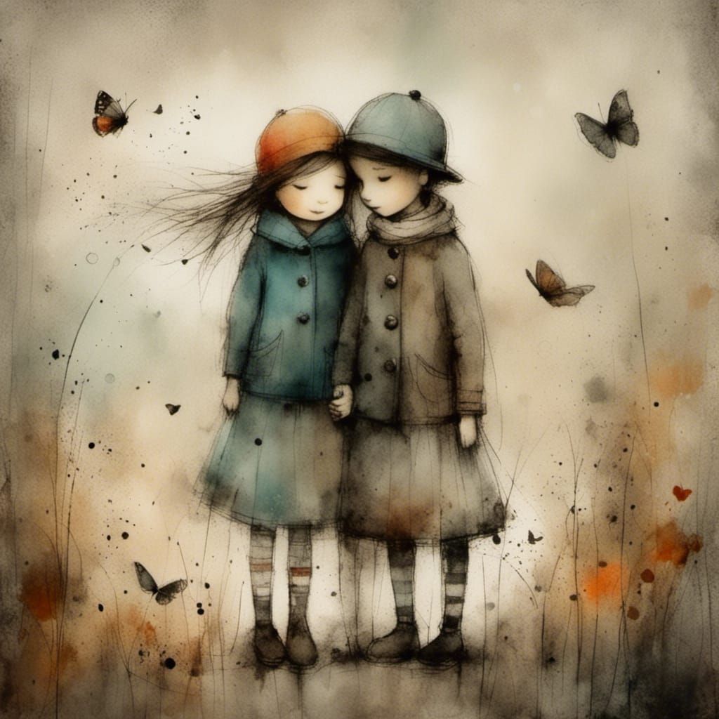 Vintage Friendship Illustration in Charcoal and Ink