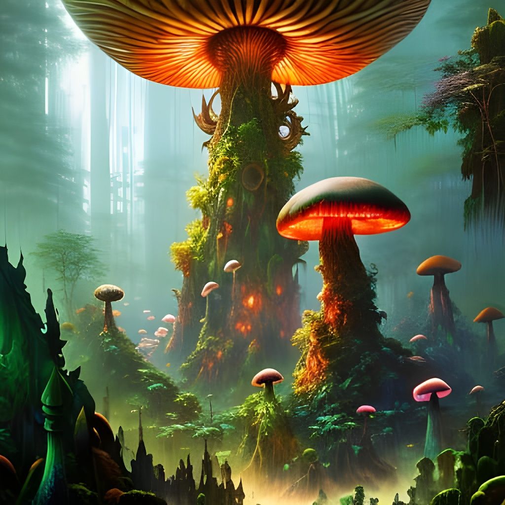 Luminescent Giant Mushroom Jungle in Pop Art Style