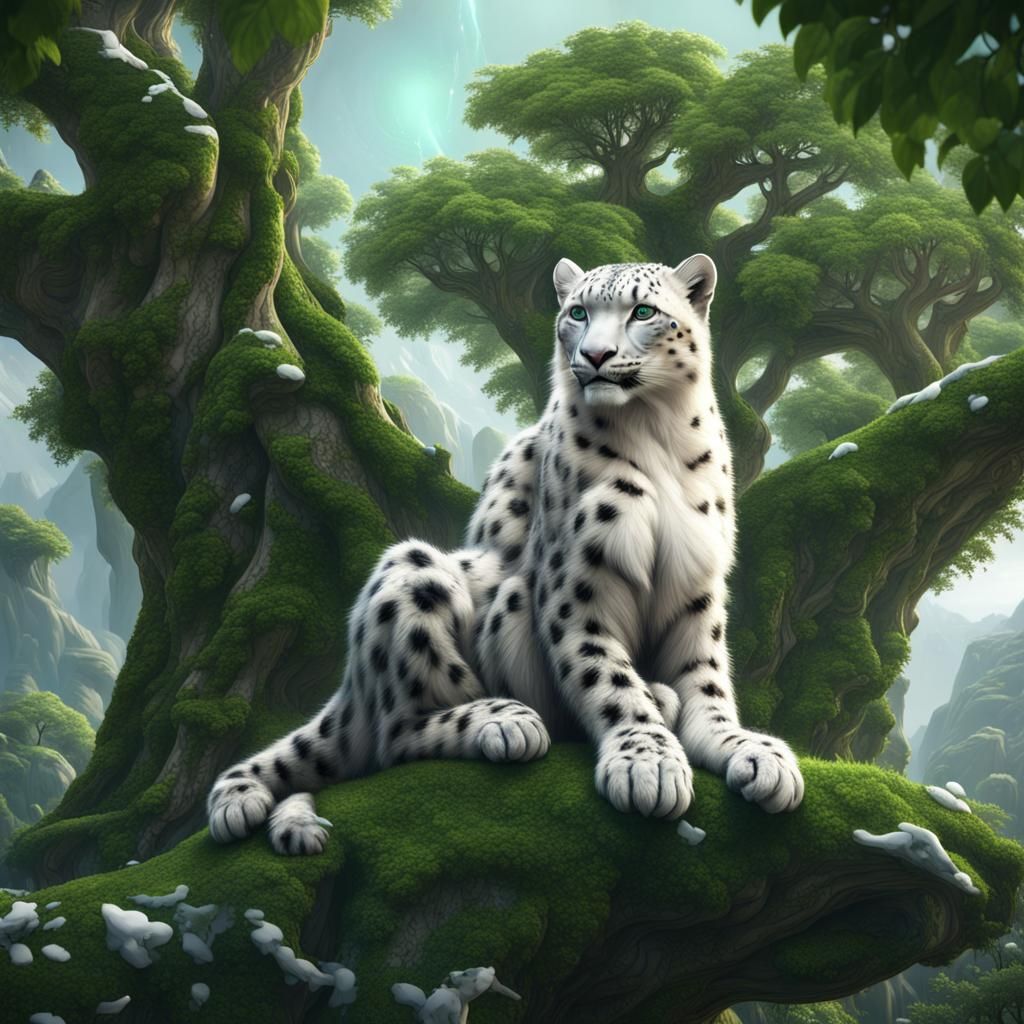 Snow Leopards in a Magical Winter Tree