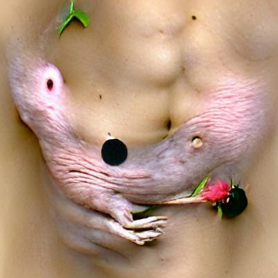 An androgynous human without a belly button and without a face has an arm is turning into a peer plant, in his stomach i...