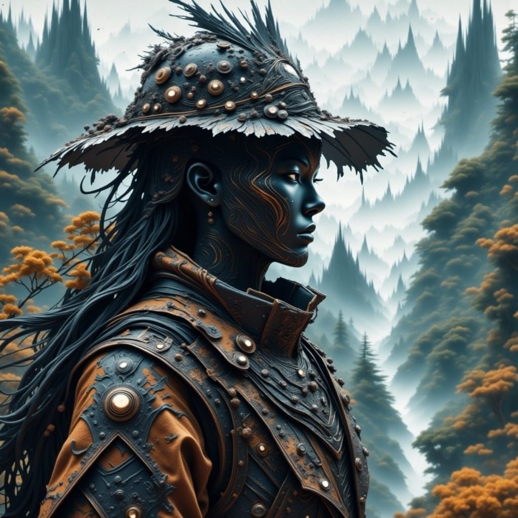 Futuristic Figure Gazing at Misty Forest