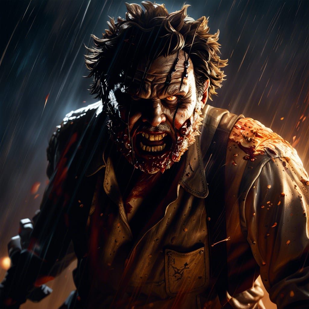 Detailed Leatherface in Stormy Horror Scene