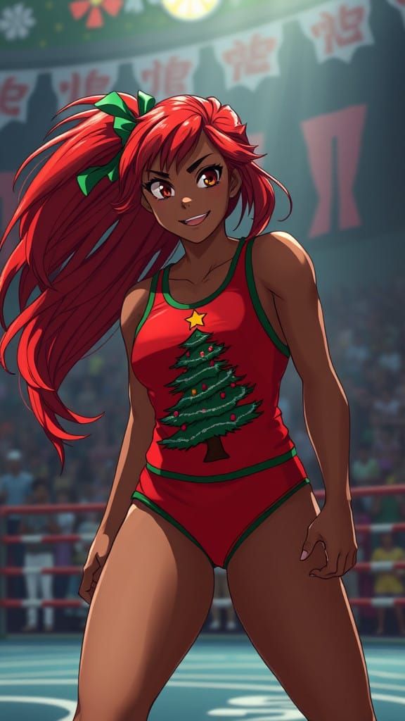Vibrant Woman Wrestler Dazzles in Christmas Attire