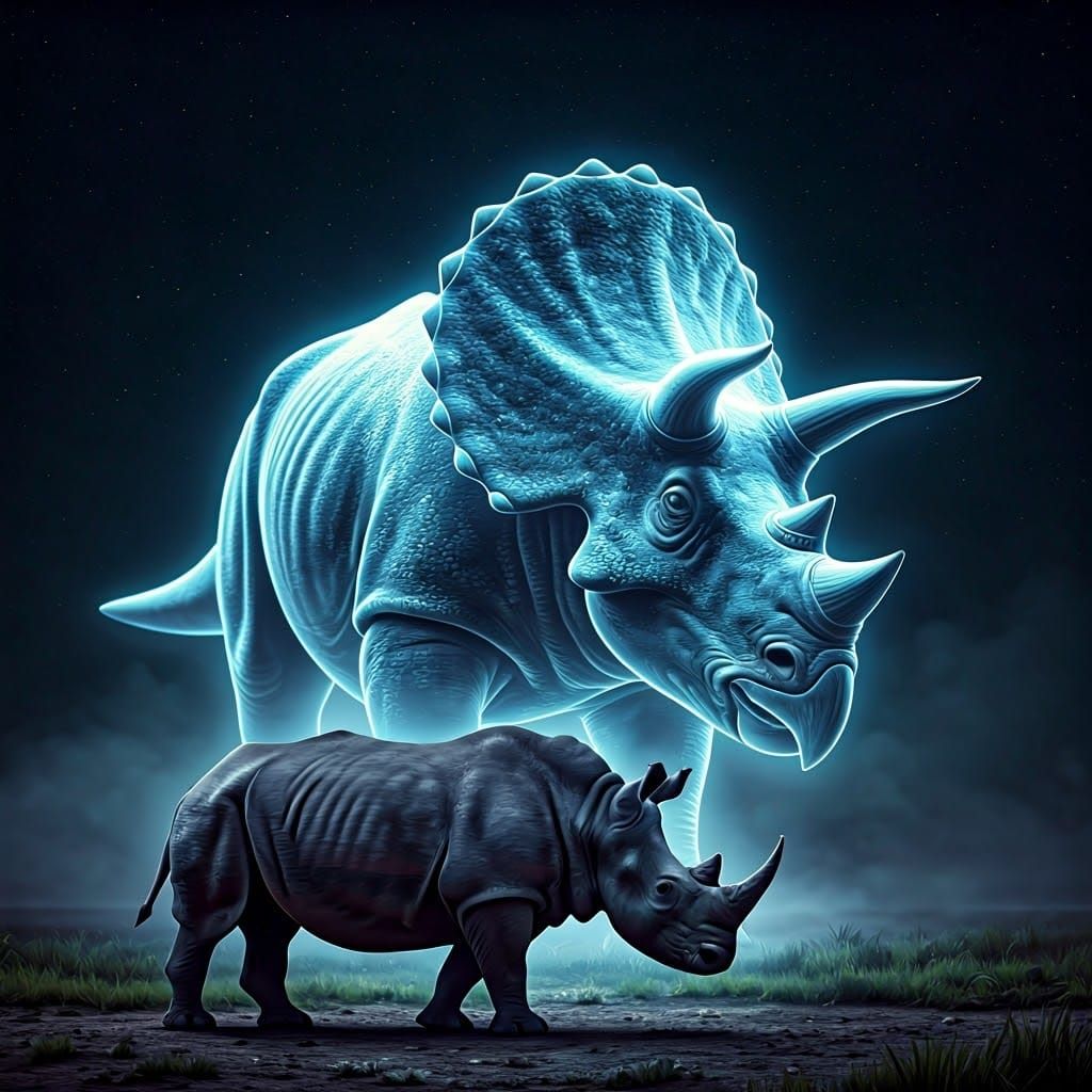Ethereal Ghostly Triceratops Projection Over Resilient Rhino