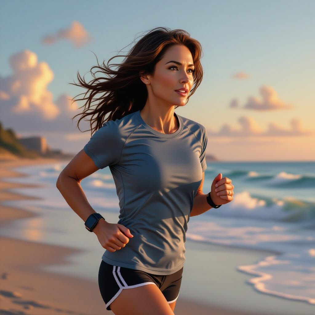 Woman Running on Beach in Vibrant Digital Art