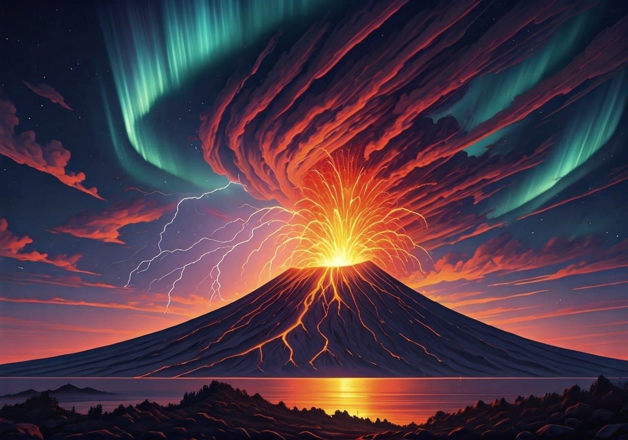 Erupting Volcano Under Aurora Borealis With Lightning