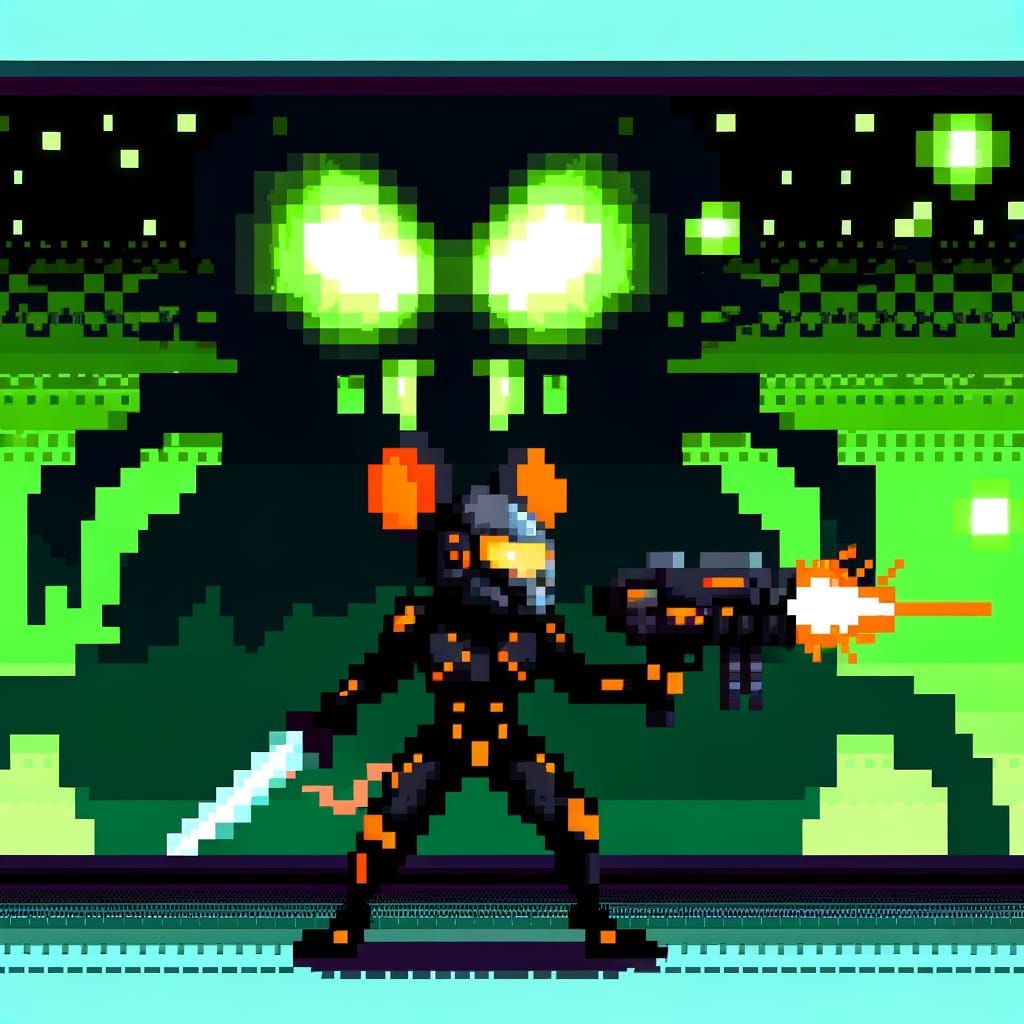 Cyber-Mouse Soldier Versus Alien Monster in Pixel Art