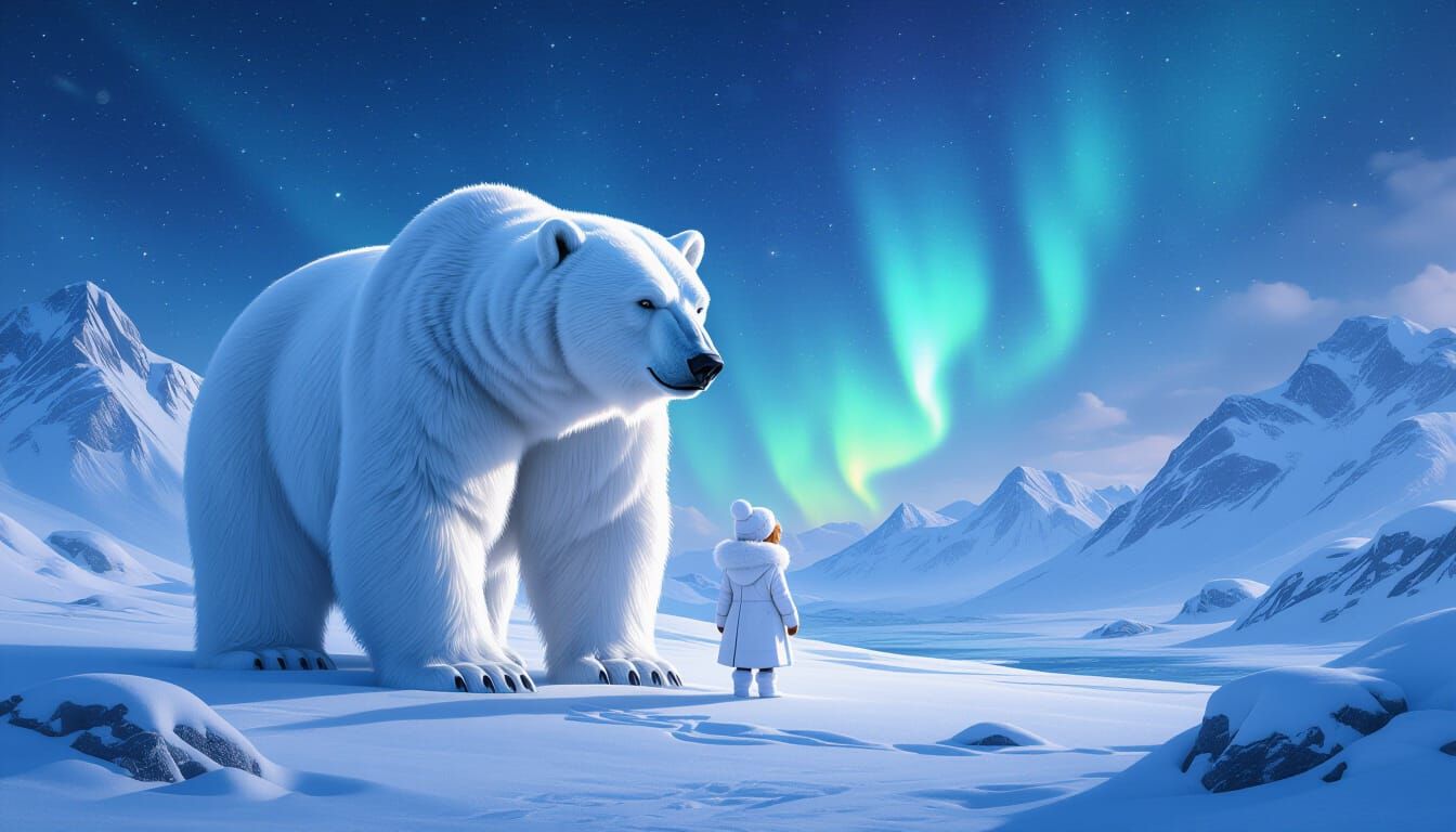 Magical Snowscape with Girl, War Bear Under Aurora Sky