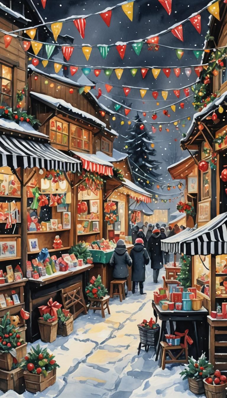 Snowy Christmas Market in Gouache Impressionist Style