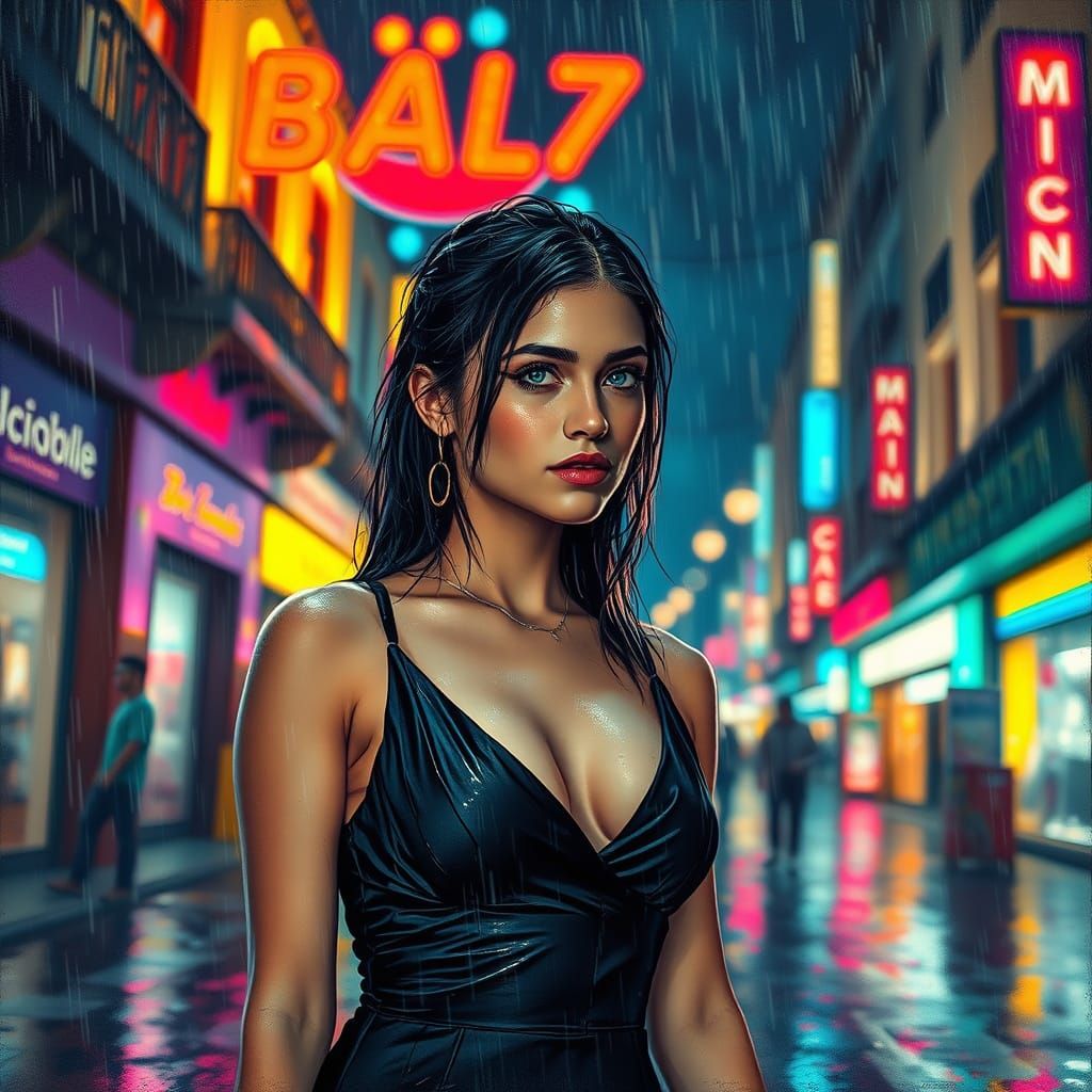 Neon Barcelona Rain: Young Woman in Impasto Style