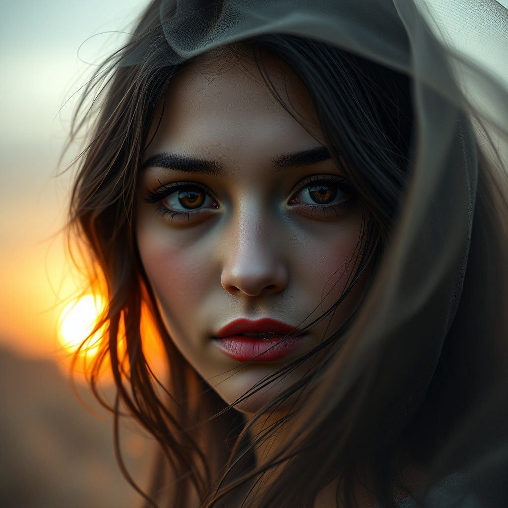 Enigmatic Woman with Dark Eyes, Matte Painting Style