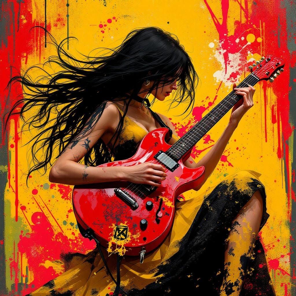 Woman Playing Guitar with Grunge Background
