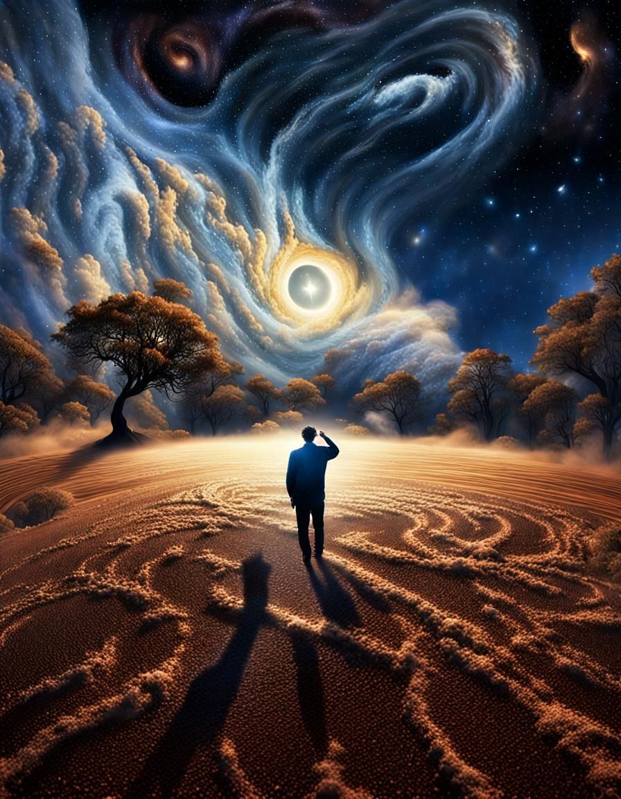 Surreal Whirlwind Sweeps Starry Night Landscape