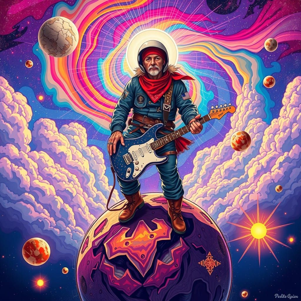 Cosmic Rockstar in Vibrant Red Bandana, Space Edition