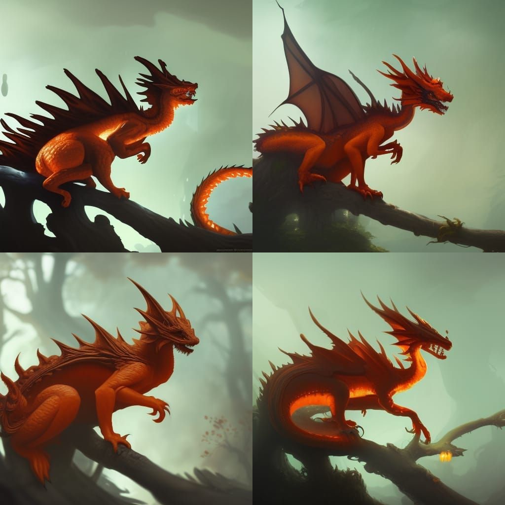 Cute Orange Dragon on Branch in Dark Fantasy Style