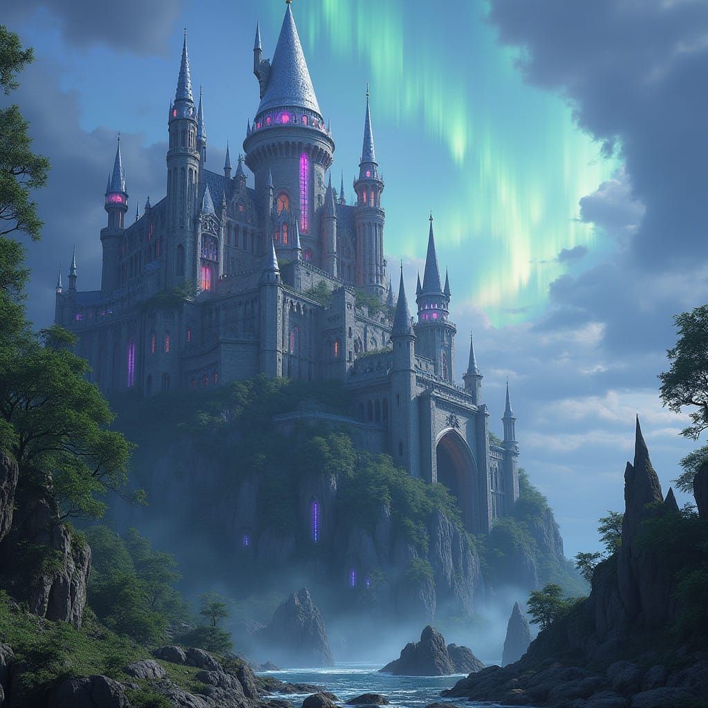 Ethereal Castle Amidst Swirling Aurora