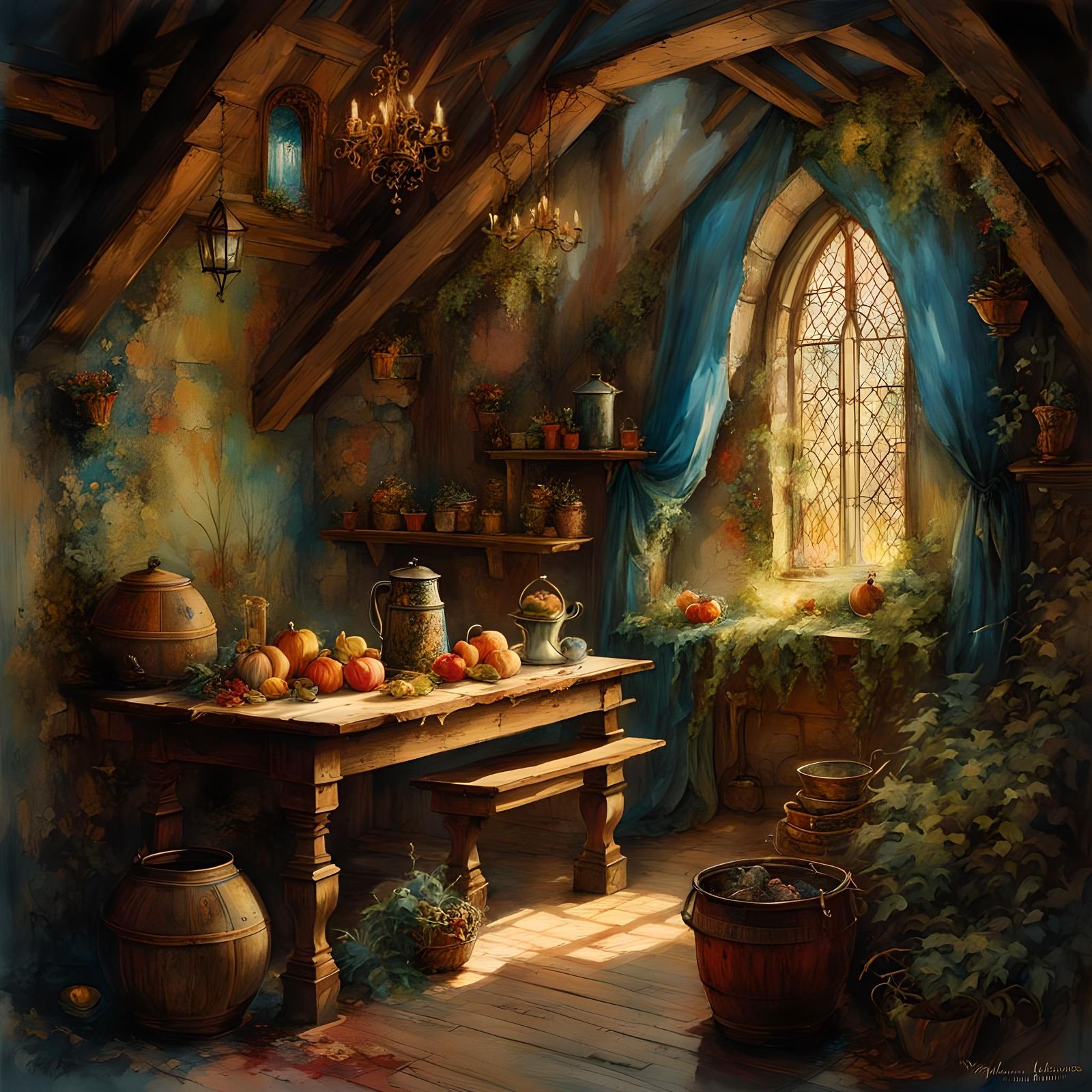 Fantasy Medieval Lair in Loose Watercolor Style