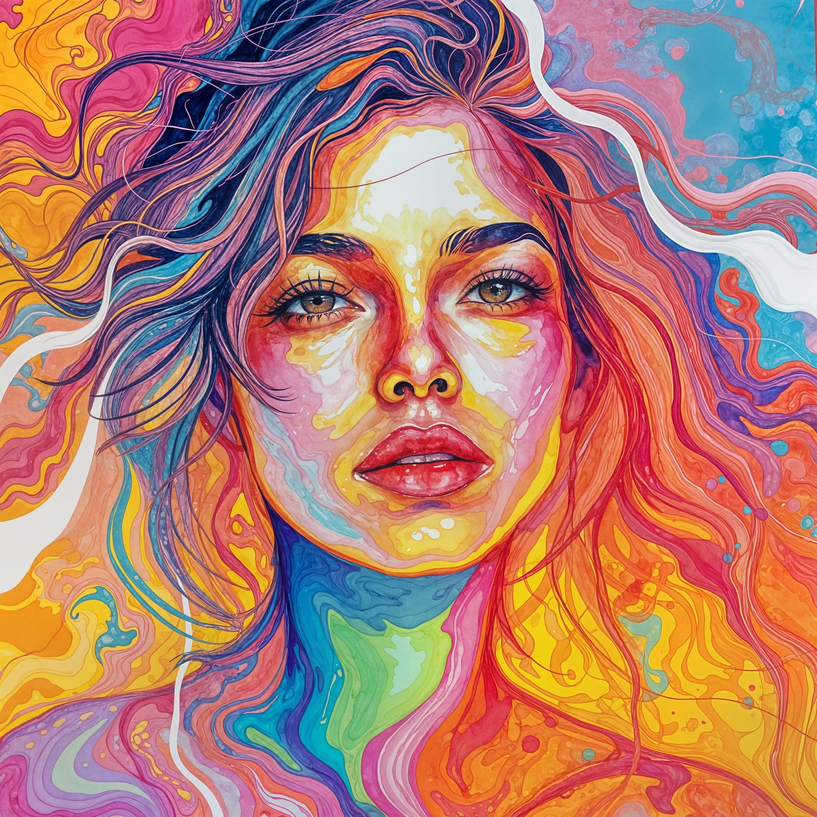 Vibrant Close-Up Portrait with Wavy White Lines