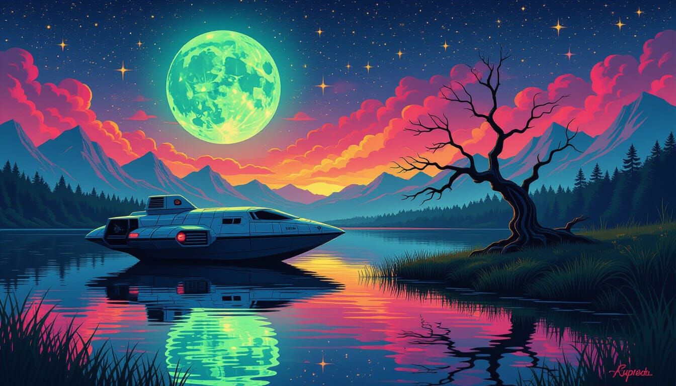 Futuristic Spaceship by Lake in Pointillist Style