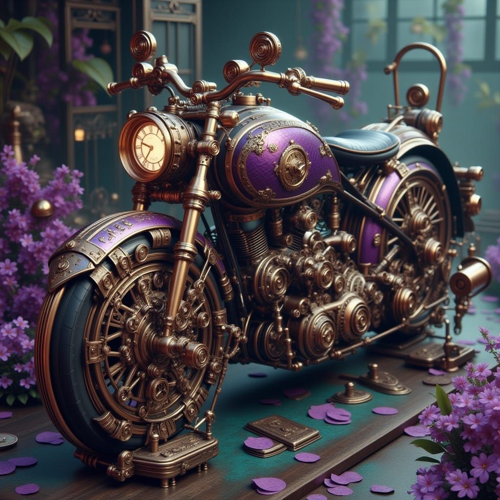 Steampunk Motorcycle with Brass Details and Misty Backdrop