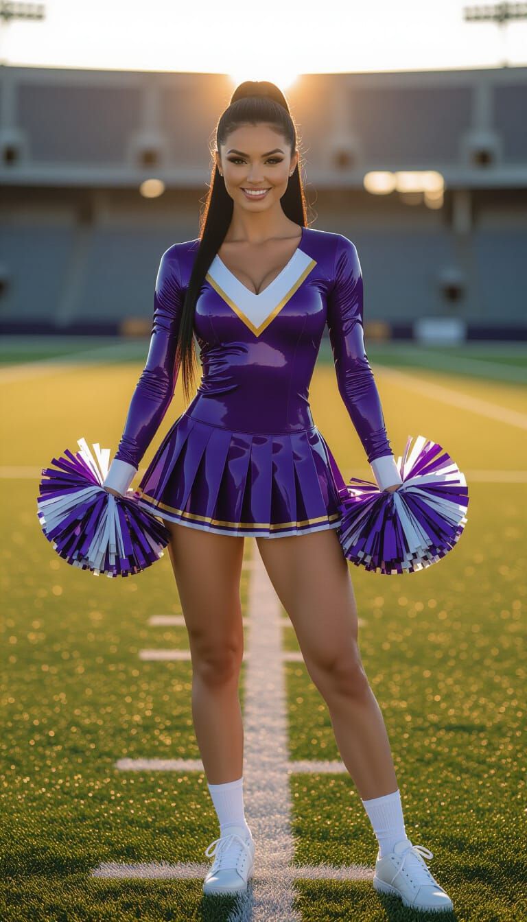 Cheerleader in Latex Dress at Golden Hour Stadium