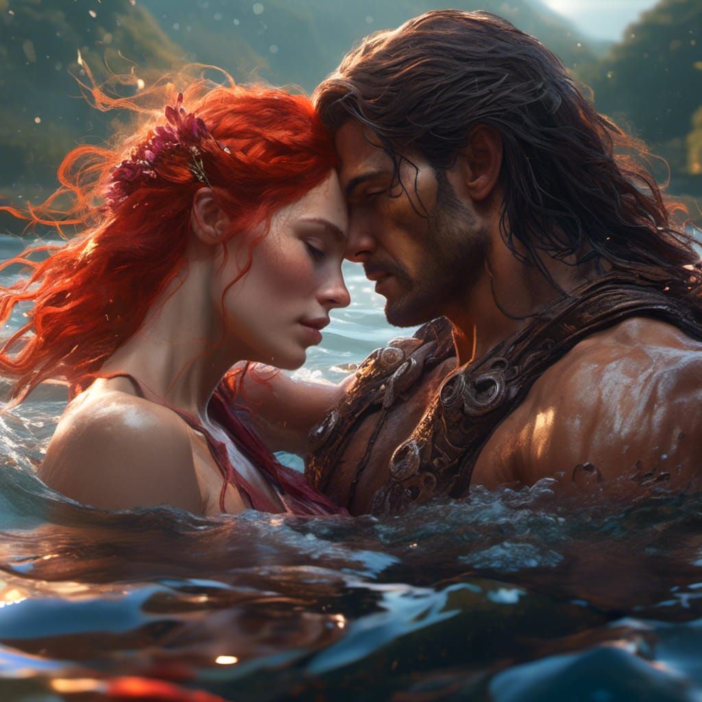Romantic Lakeside Embrace in Hyperreal Style