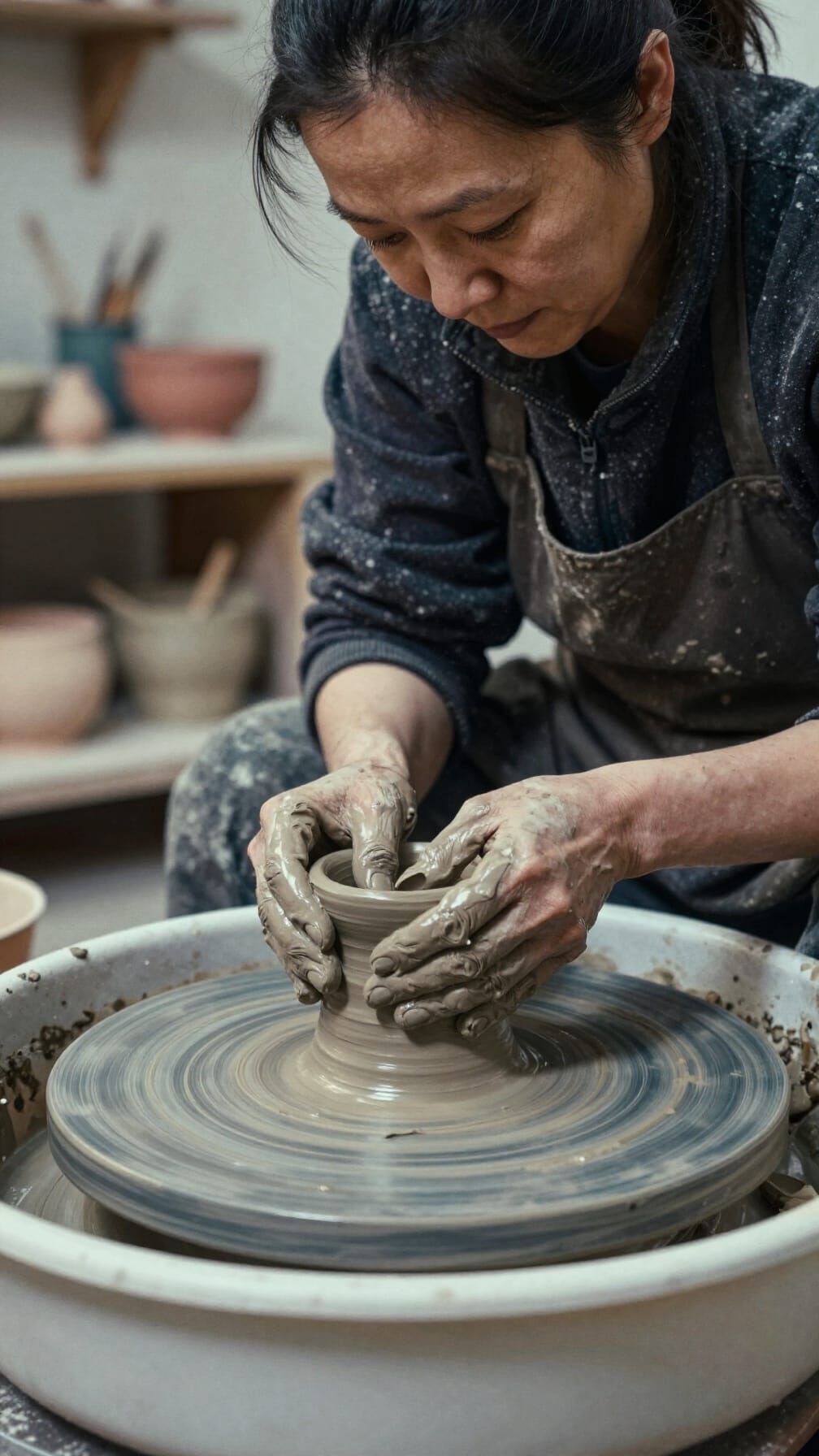 Potter Woman Shapes Clay in Cozy Frosty Studio