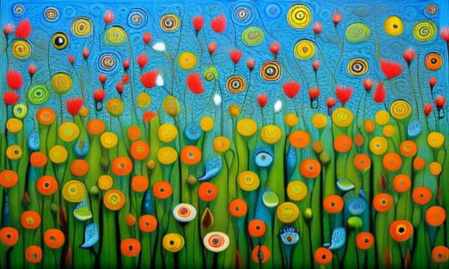 Floral Field with Birds: Klimt and Hundertwasser Style