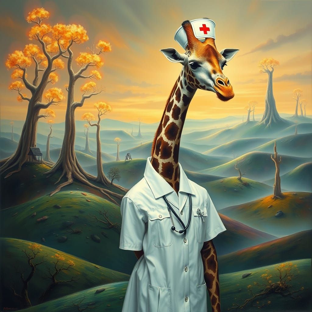 Giraffe in Nurse's Uniform Surreal Landscape