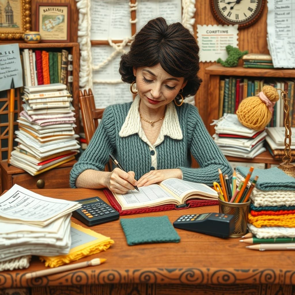 Whimsical Bookkeeping Scene in Yarn Art Style