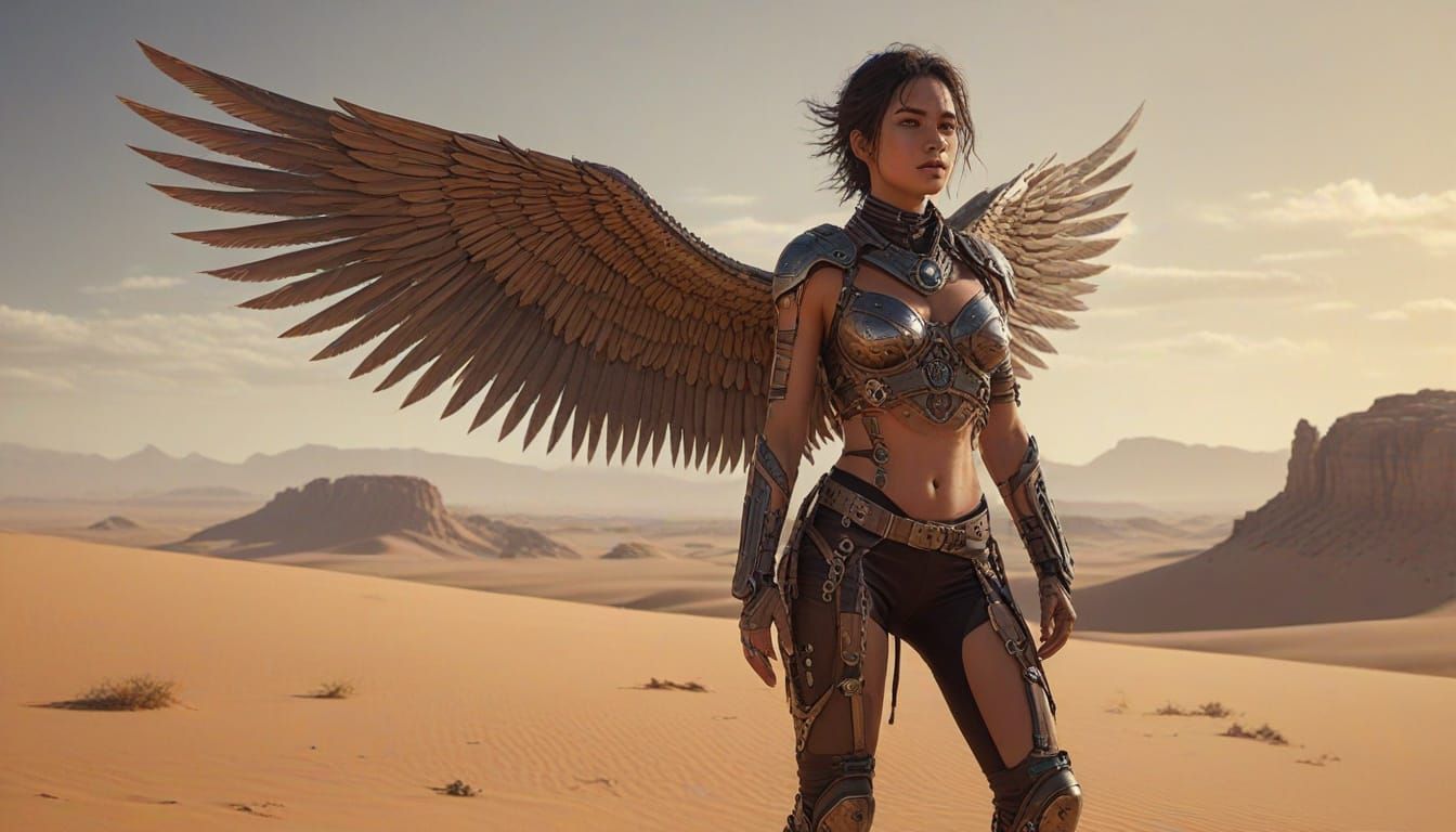 Cyberpunk Nomad with Wings Scans Desert Horizon