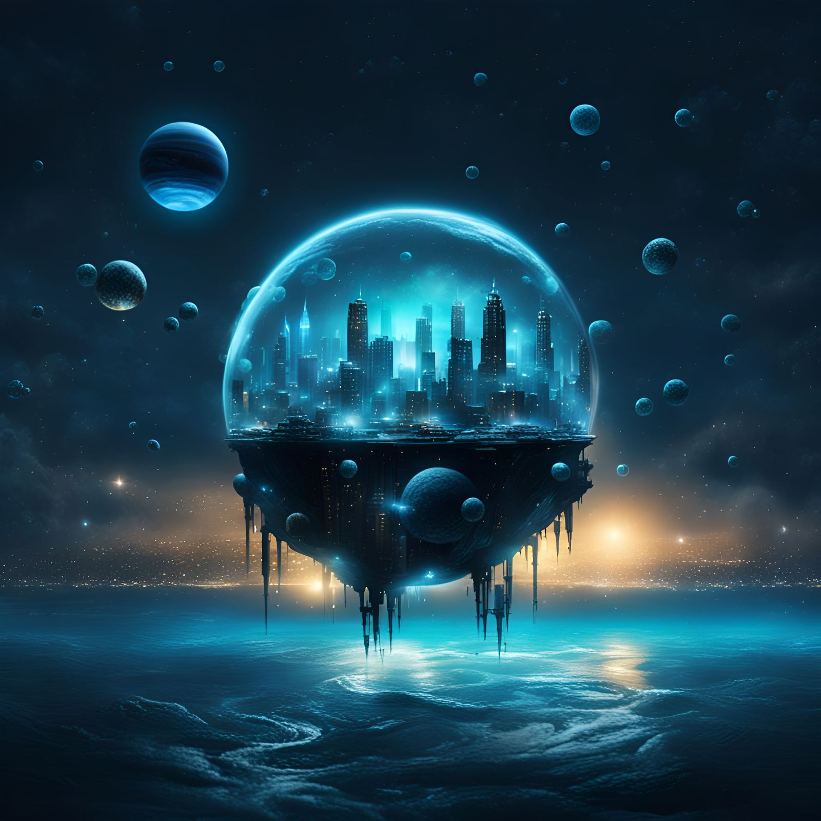 Bioluminescent Cityscape on Alien Planet at Night