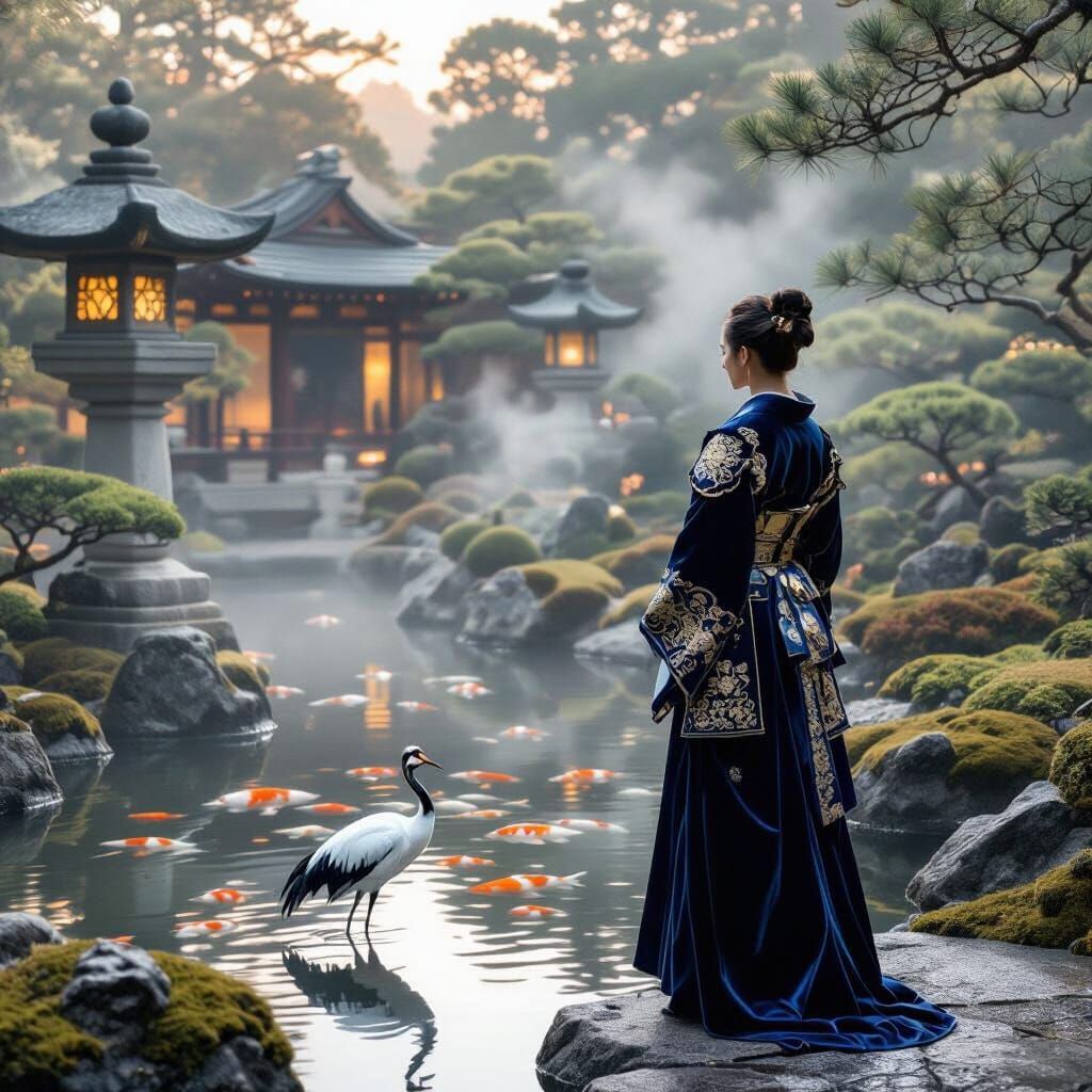 Japanese Garden at Dawn with Crane and Warrior Woman
