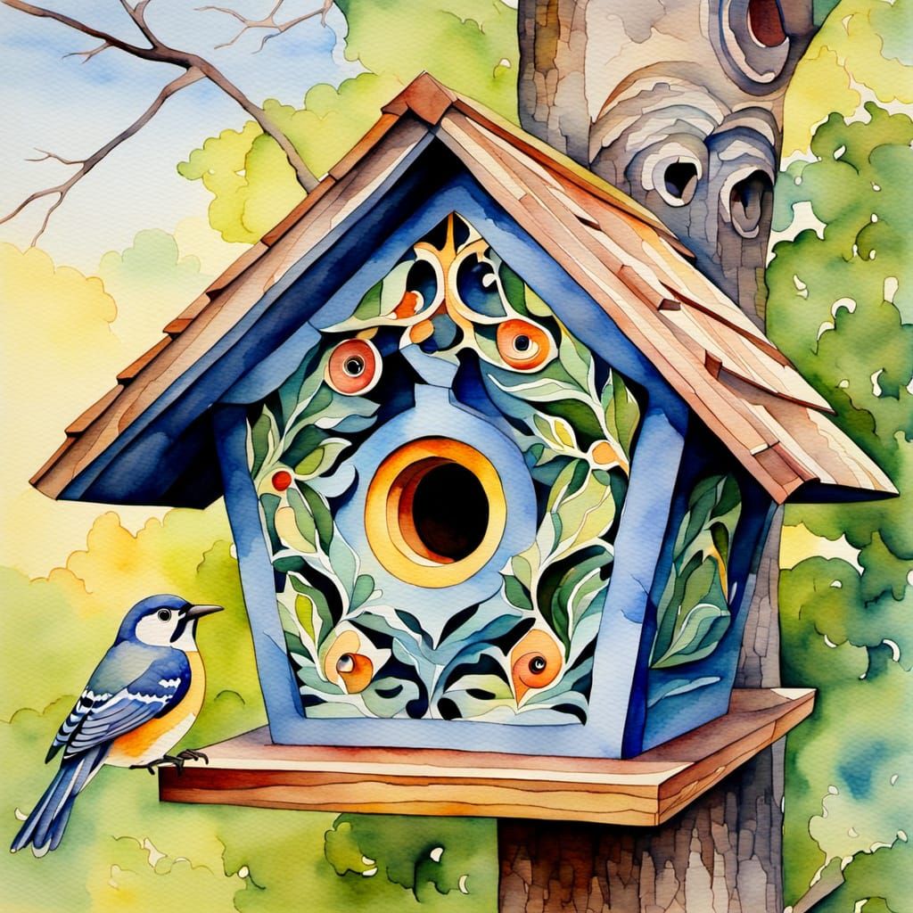 Colorful Birdhouse with Titmouse in Watercolor Style