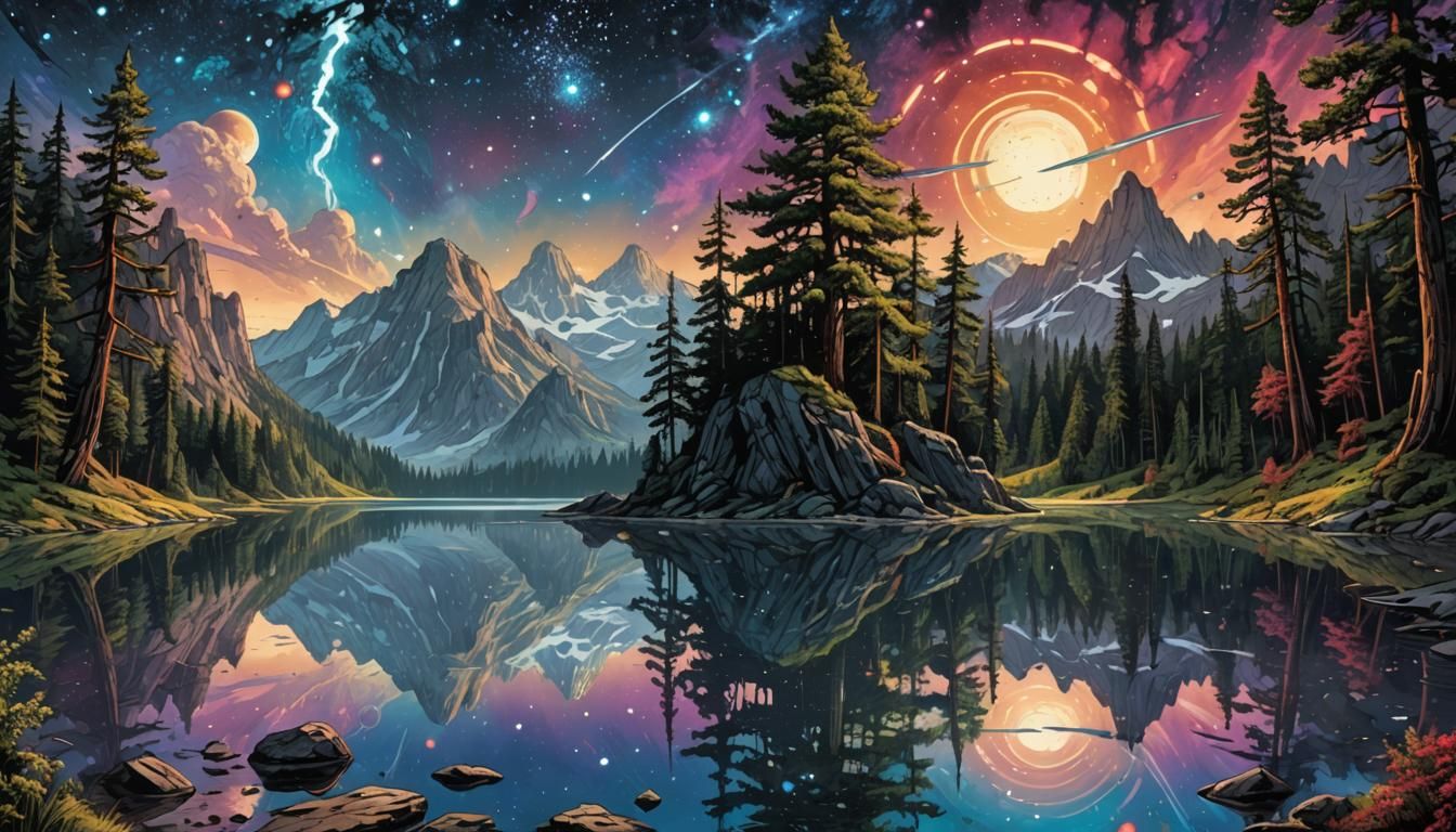 Magical Macabre Lake Reflecting Starry Landscape