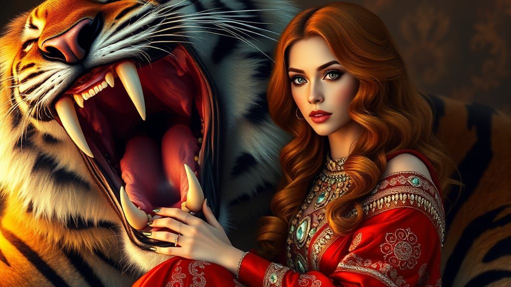 Rati: Hindu Goddess Taming a Tiger, in Hyperrealistic Style