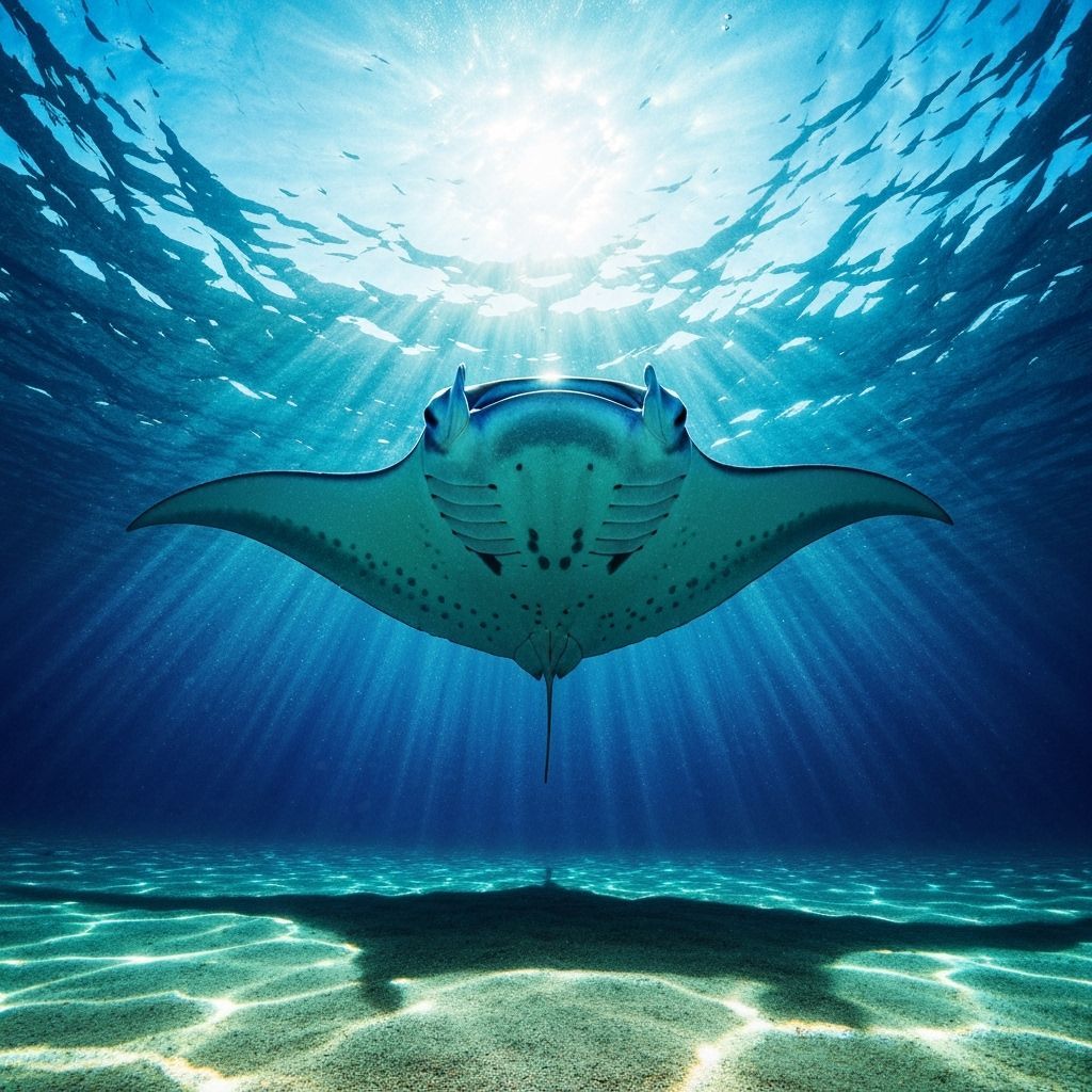 Manta Ray Glides Through Sunlit Ocean Depths