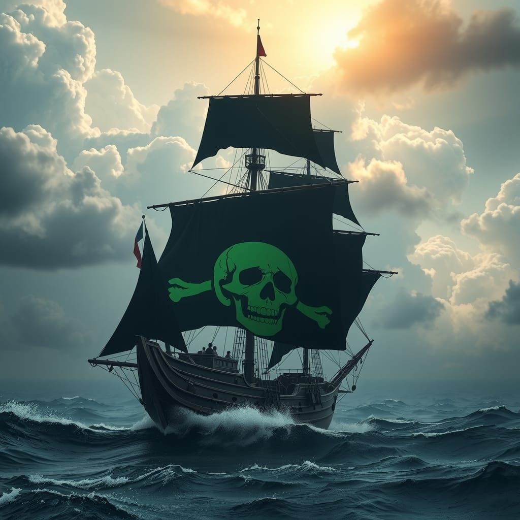 Sailing Ship with Jolly Roger in Stormy Seas