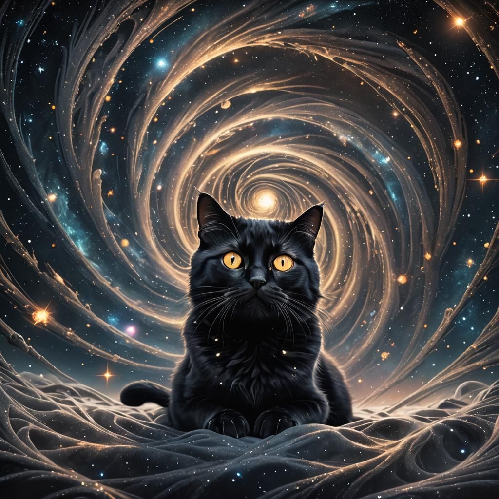 Cosmic Black Cat in Galaxy: Digital Art