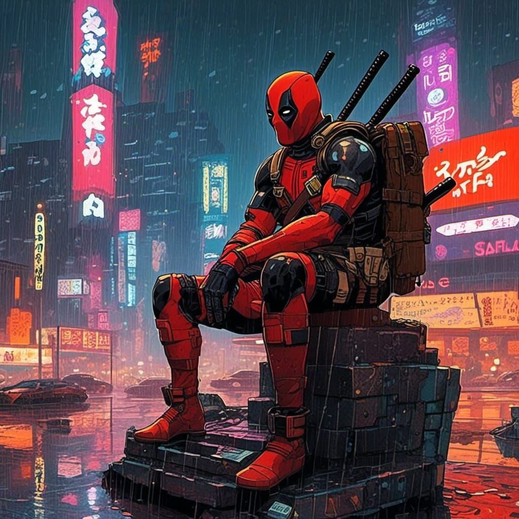 Cyberpunk Roninpool on Rainy Tokyo Skyscraper