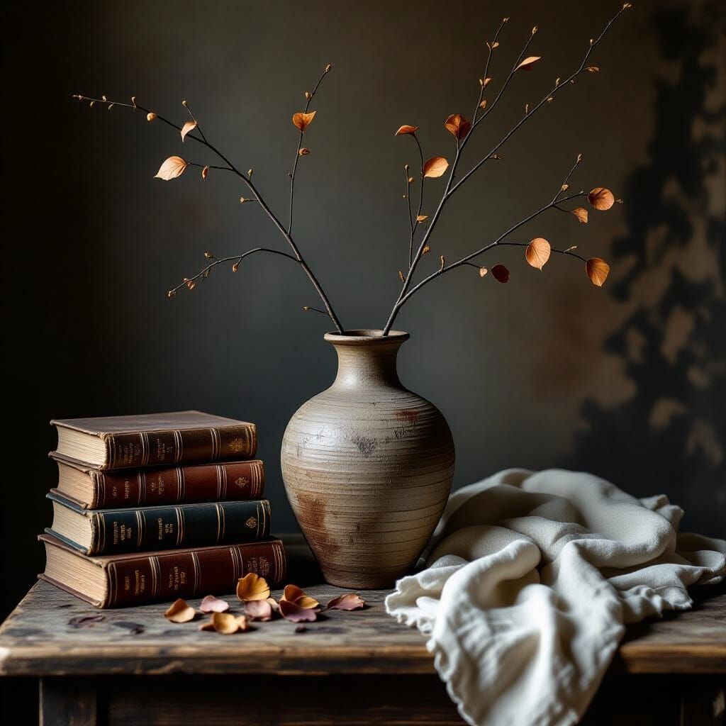 Photorealistic Still Life with Vase and Books